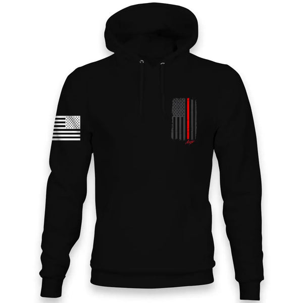 Front view of Allegiance Back the Red Hoodie with small chest flag crest design