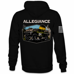 Back view of Allegiance Baja Hoodie with off-road truck desert sunset graphic