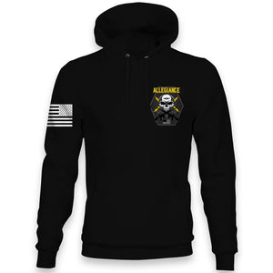 Front view of Allegiance Bolt Hoodie with small chest skull bolt design