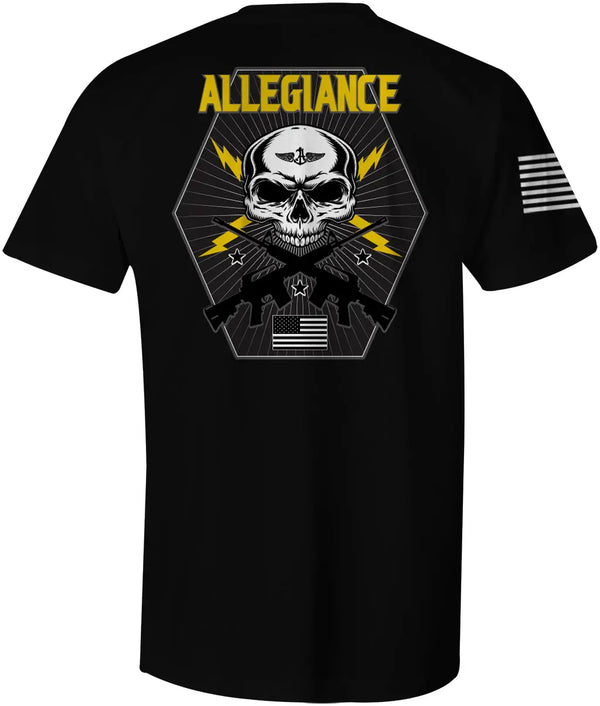 Back of Bolt Tee in black showcasing large skull graphic with lightning bolts, crossed rifles, and "Allegiance" text.