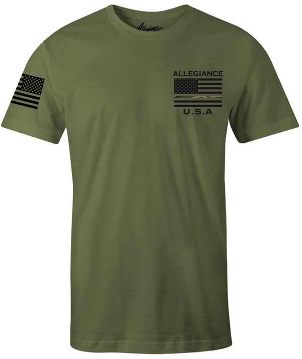Front of Camo Line Back Hit Premium Tee in OD Green with small camo stripe chest logo and flag sleeve
