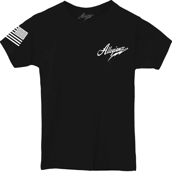 Front view of Allegiance Classic Youth Tee with white chest logo and American flag sleeve print.