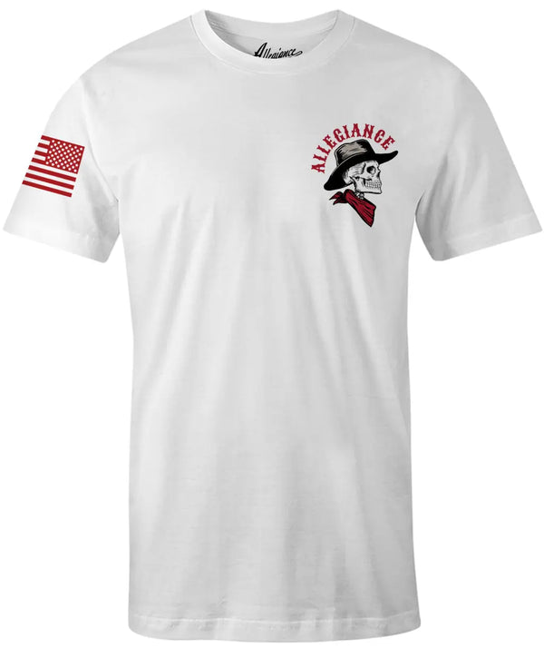 Front of Cowboy Premium Tee in white featuring small skull-in-cowboy-hat chest graphic and American flag printed on the sleeve.