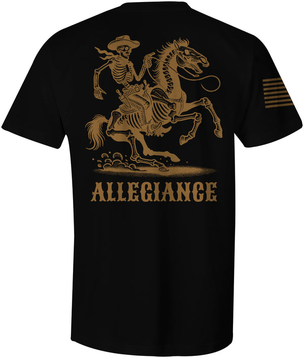 Back of Dead Cowboy Graphic Tee in black showcasing large golden skeleton cowboy riding a horse with "Allegiance" text.