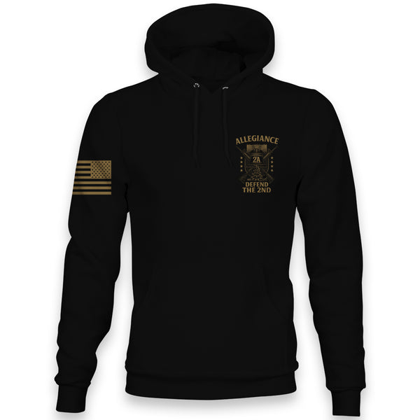 Front view of Allegiance Defend Liberty Hoodie with small chest Liberty Bell design