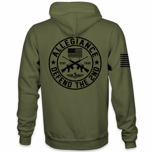 Green hoodie with 'Defend the 2nd' logo and American flag on the back, and a smaller logo on the front.