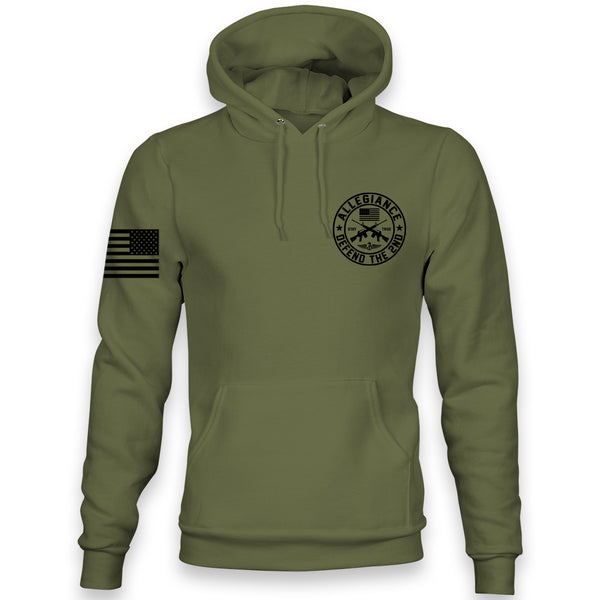 Front view of the OD Green Allegiance Defend the 2nd Hoodie with small chest crest design