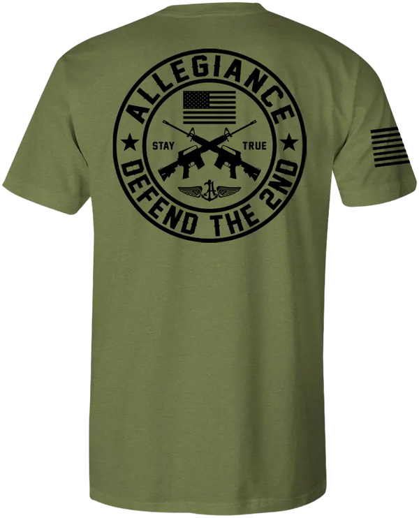 Back of Defend The 2nd Premium Tee in OD Green featuring large 2nd Amendment graphic