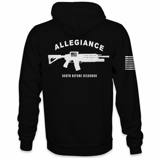 Back view of Allegiance Dishonor Hoodie with rifle and Death Before Dishonor graphic