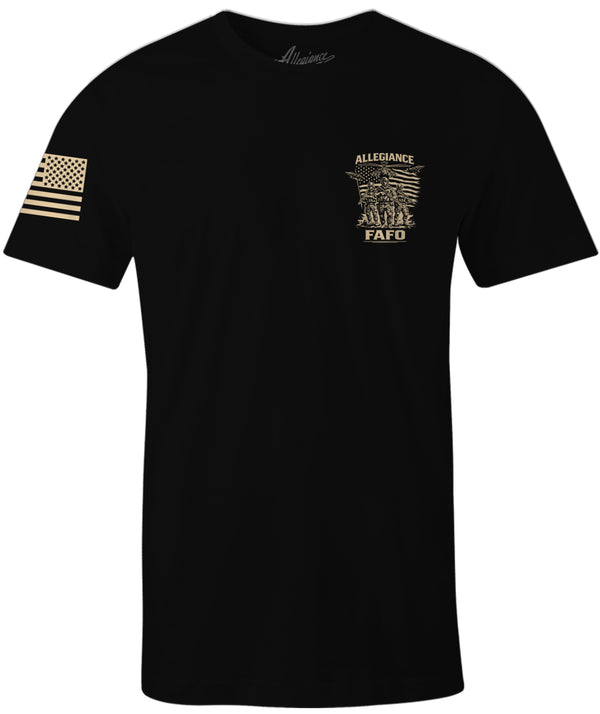 FAFO military graphic t shirt front chest print with operator design and American flag sleeve.