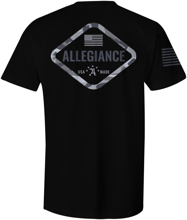 Back of Hex Camo Tee in Black featuring large hex camo graphic with "Allegiance" and "USA Made" text