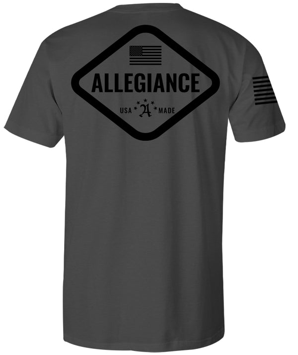 Front of Hex Premium Tee in Dark Charcoal with small chest graphic and American flag sleeve print