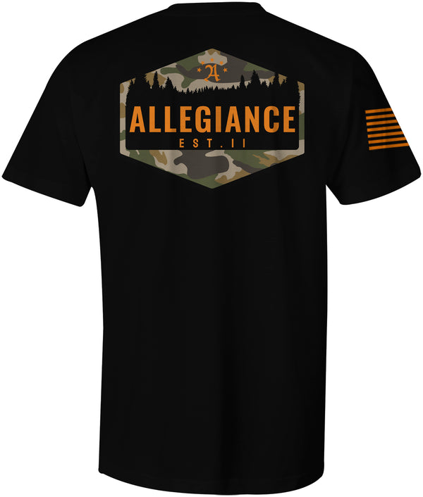 Back of Hunter Tee in black featuring large hexagonal graphic with camo-style forest design and “Allegiance Est. 11” text.