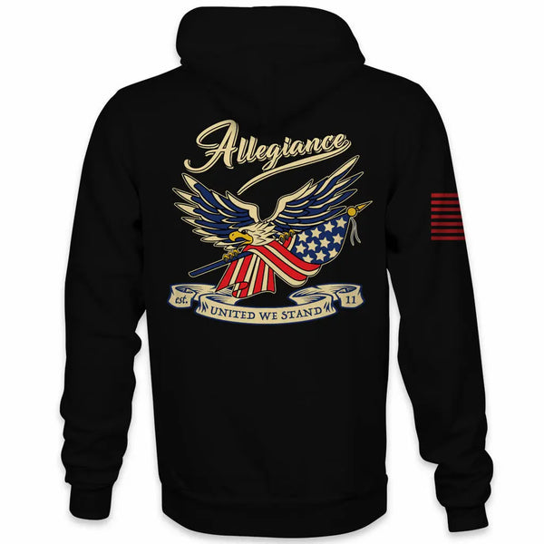 Back view of Allegiance Loyalty Hoodie with eagle and United We Stand banner graphic