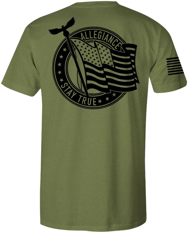 Back of Pledge Premium Tee in OD Green showcasing large Pledge logo symbolizing commitment and national pride.