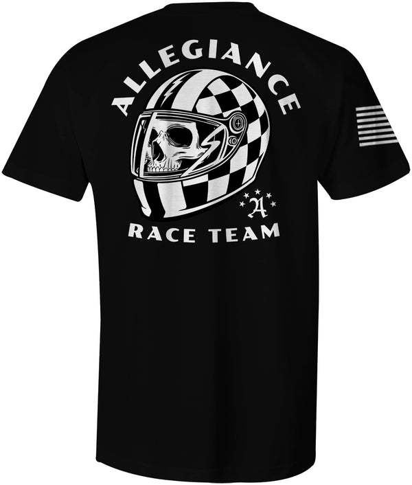 Back view of Allegiance Race Team Tee featuring skull in checkered racing helmet design.