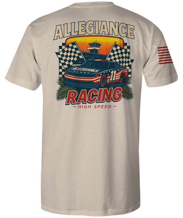 Back view of Allegiance Racing Premium Tee featuring patriotic stock car and checkered flag design with text âAllegiance Racing High Speedâ
