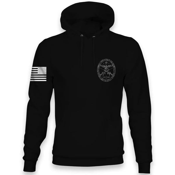 Front view of Allegiance Seal 2.0 Hoodie with small chest eagle crest design