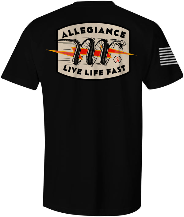 Back of Snake Bite Tee in black showcasing large coiled snake graphic with "Live Life Fast" message and Allegiance logo.