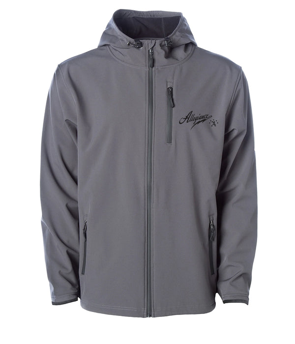 Front view of Allegiance Snowpack Tech Jacket in grey featuring scuba hood, water-resistant zippers, and soft-shell exterior.