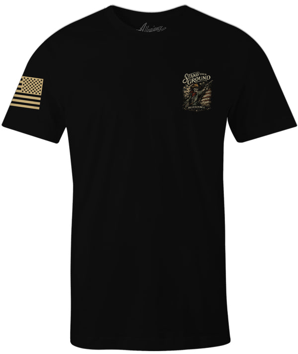 Stand Your Ground black patriotic t shirt with left chest skeleton cowboy graphic and American flag sleeve print