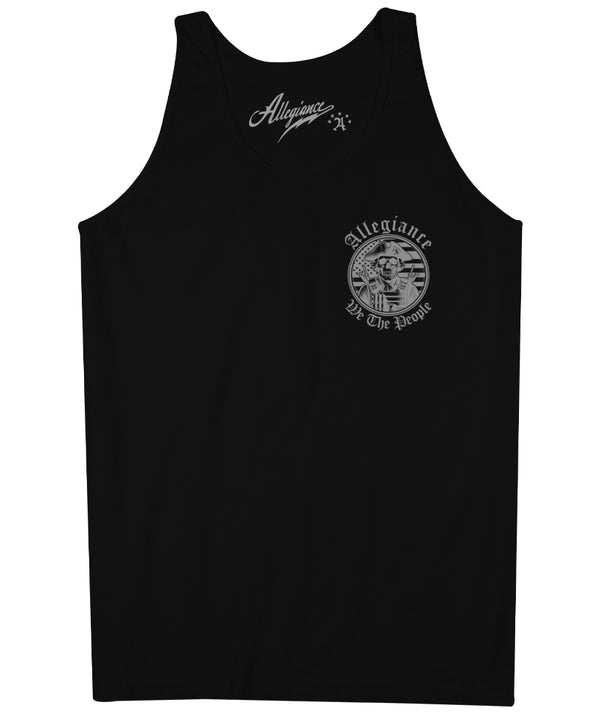 Black tank top with small front chest print of skull patriot and 'We The People' text