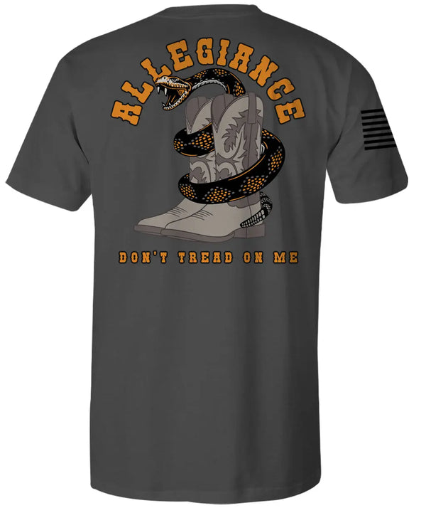 Back of Western Premium Tee in dark charcoal featuring large coiled rattlesnake and boots with Allegiance and “Don’t Tread On Me”
