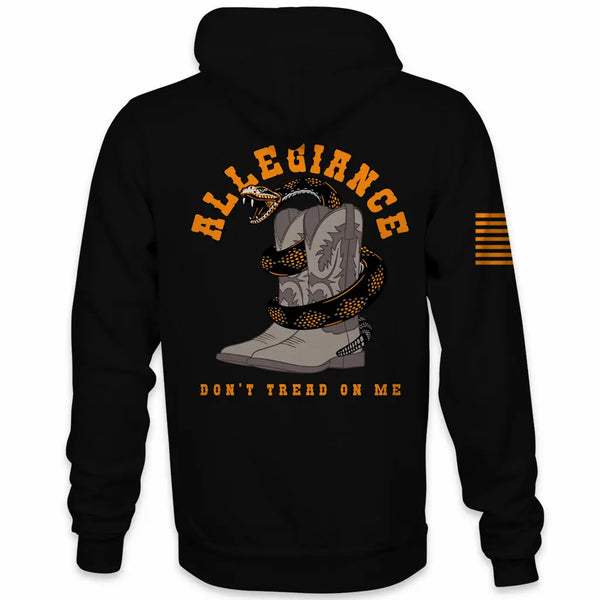 Back view of  black Allegiance Western Hoodie with cowboy boot rattlesnake and Don’t Tread On Me graphic