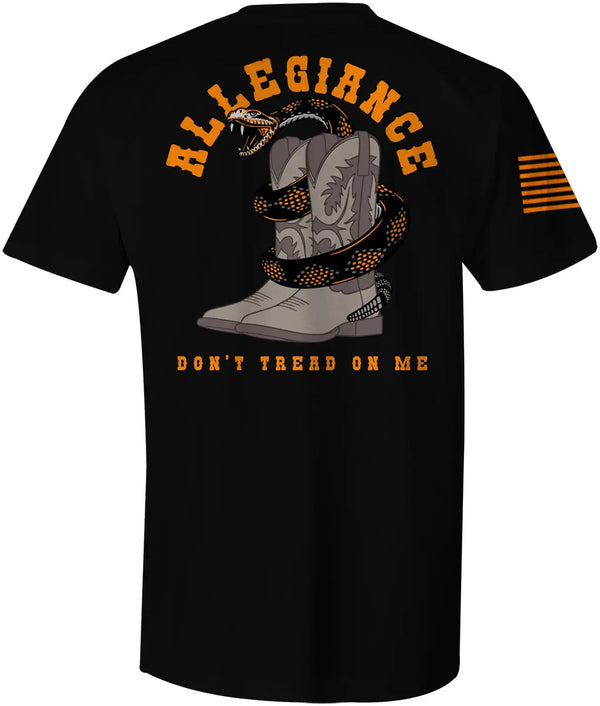 Back of Western Tee in black showing large rattlesnake wrapped around cowboy boots with “Allegiance” and “Don’t Tread On Me”