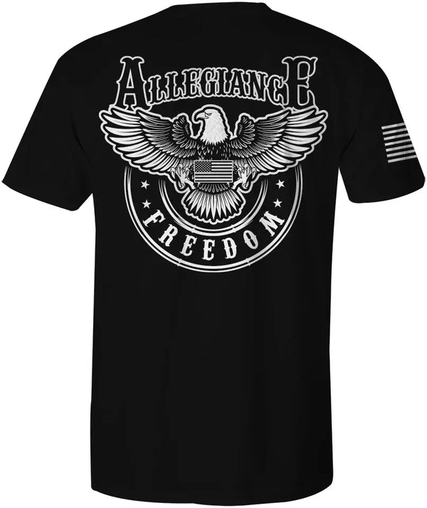 Back of Freedom Eagle Tee in black with large eagle wings and “Allegiance” across the center.