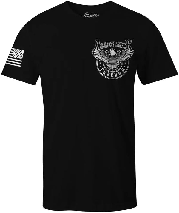 Front of Freedom Eagle Tee in black featuring small eagle chest graphic and American flag on the sleeve.