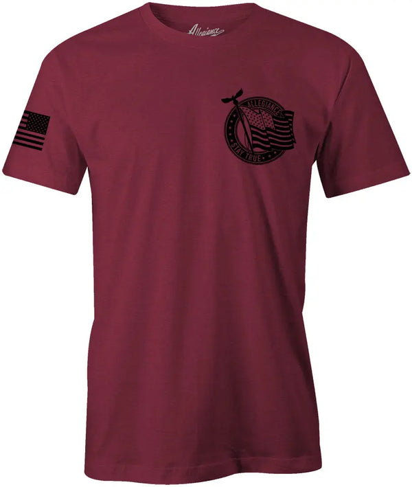 Front of Pledge Premium Tee in Burgundy featuring small Pledge chest graphic and American flag on the sleeve.