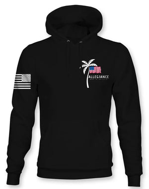 Front view of Allegiance Vibe Hoodie with small chest palm-and-flag crest