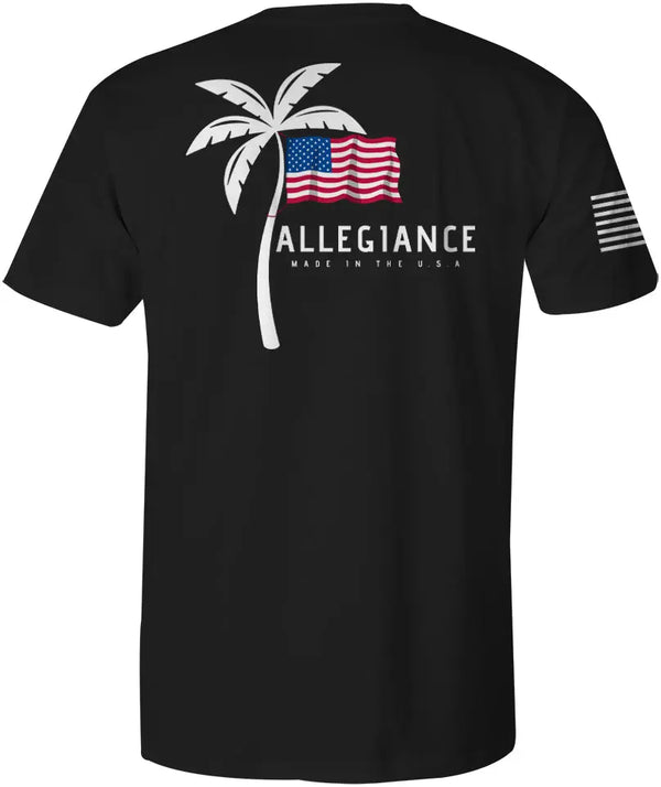 Back of Vibe Tee in black featuring large palm tree and American flag graphic