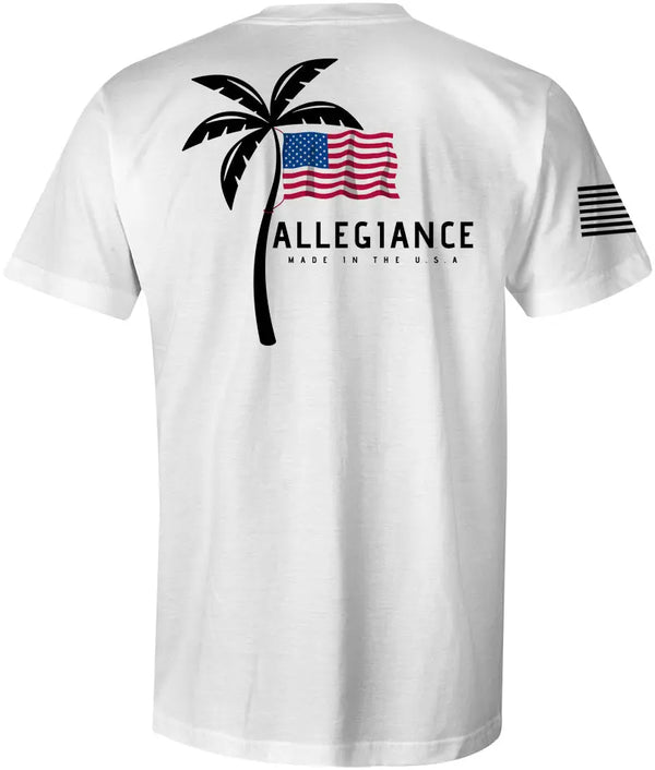 Back of Vibe Tee in white featuring large palm tree and American flag graphic