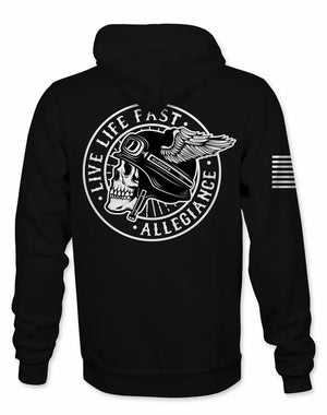 Back view of Allegiance Winged Hoodie with skull helmet and Live Life Fast crest