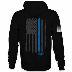 Back view of Allegiance Back the Blue Hoodie with distressed flag and thin blue line design
