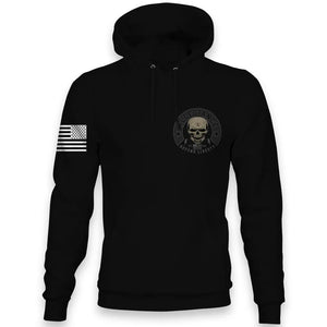 Front view of Allegiance Defender Hoodie with small chest skull crest design