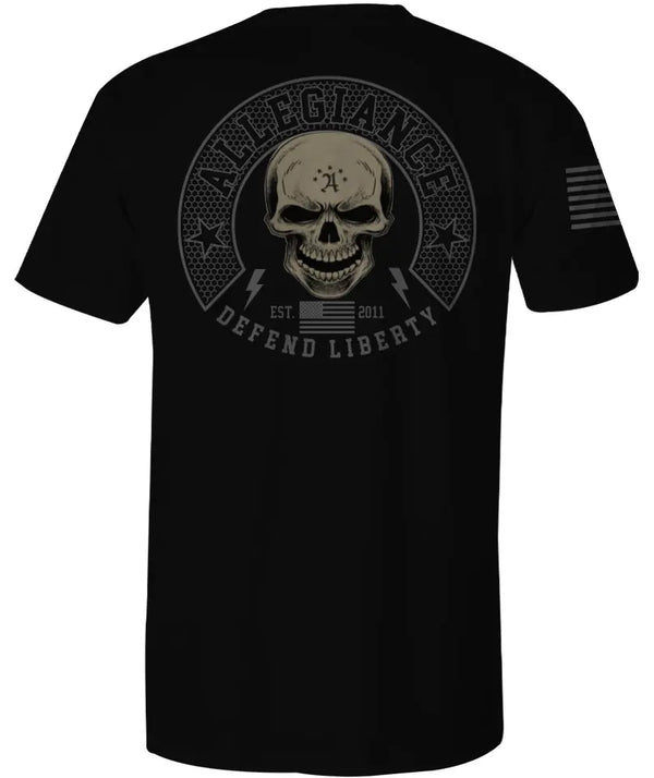 Back of Defender Tee in black featuring large Defender graphic with bold patriotic theme