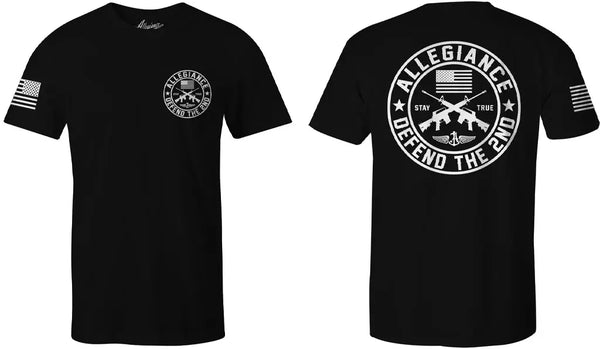 Flat lay of Defend The 2nd Classic Tee in black showing both chest and back design