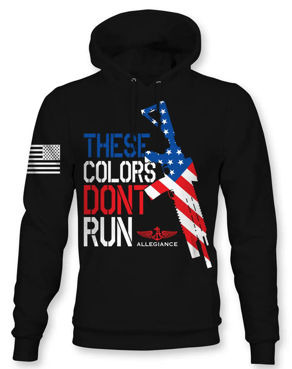 Black Don’t Run Hoodie with rifle silhouette and These Colors Don’t Run design
