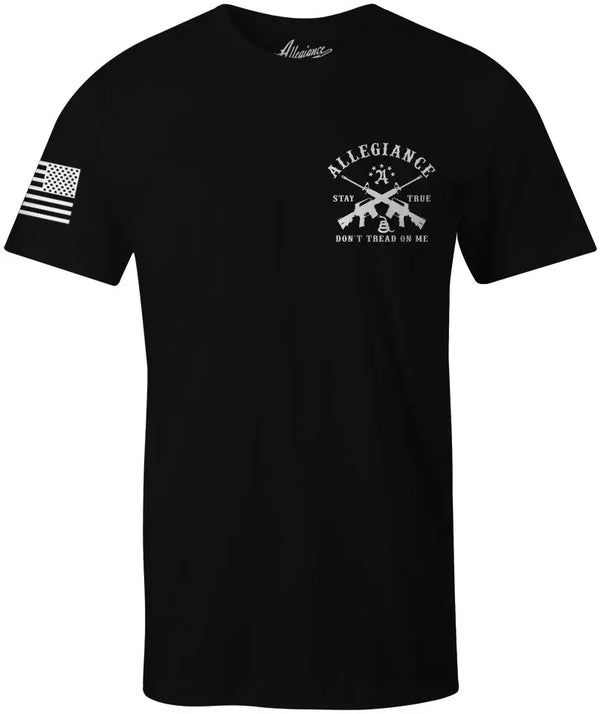 Front of Don't Tread Back Hit Tee in black with small chest graphic and American flag sleeve print
