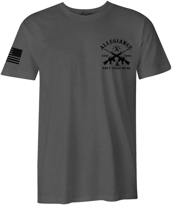 Front of Don't Tread Premium Tee in Dark Charcoal with small chest graphic and American flag sleeve print