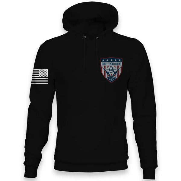 Front view of Allegiance Don’t Tread Shield Hoodie with small chest shield design