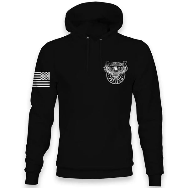 Front view of Allegiance Freedom Eagle Hoodie with small chest crest design