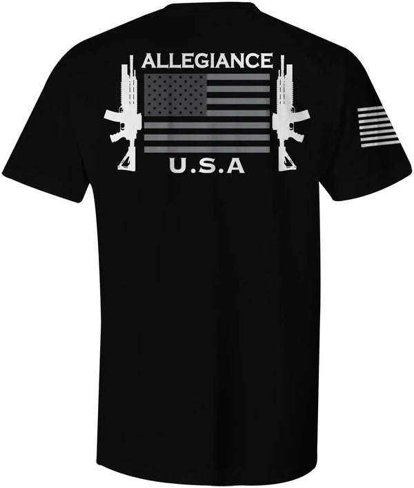Back of Gunner Flag black tee with rifles and American flag design, Allegiance text above and U.S.A below