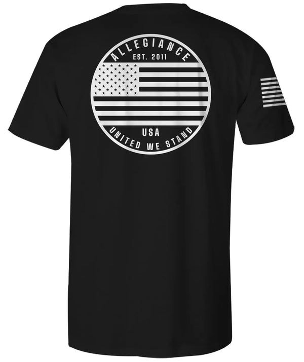 Back of Patriot Premium Tee in black with large Patriot logo graphic