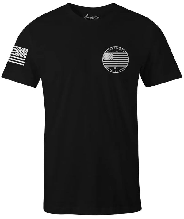 Front of Patriot Premium Tee in black with small chest graphic and flag on sleeve