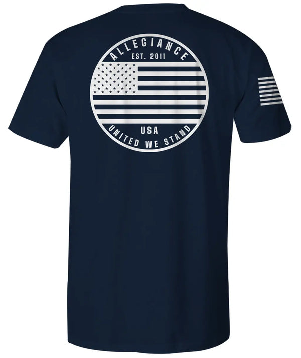 Back of Patriot Premium Tee in navy featuring bold Patriot logo across the back