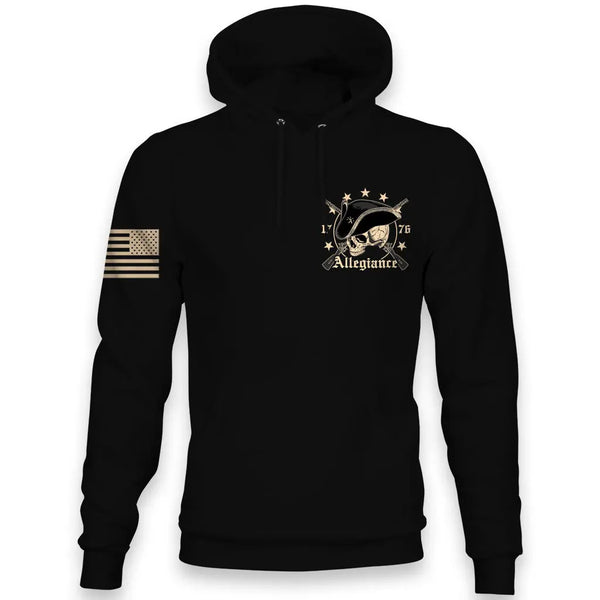 Front view of Allegiance Revolution Hoodie with small chest 1776 skull design